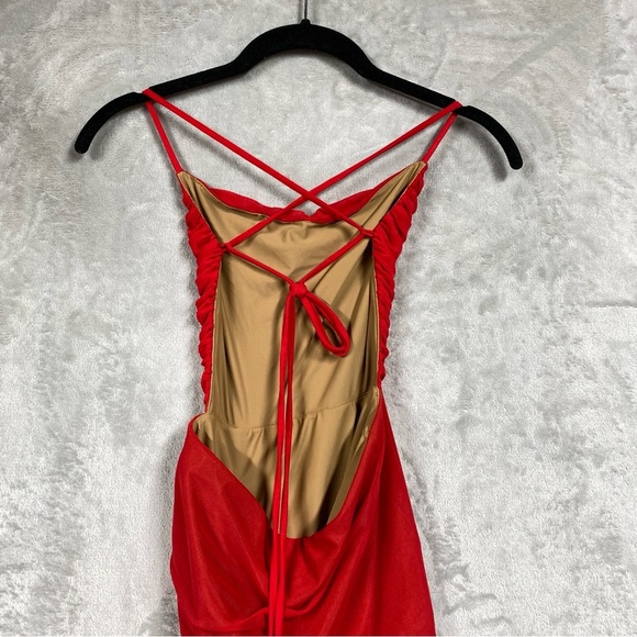 NEW Michael Costello Revolve Follie Gown Ruched Mesh Back Tie Sz XS Red - Picture 8 of 13